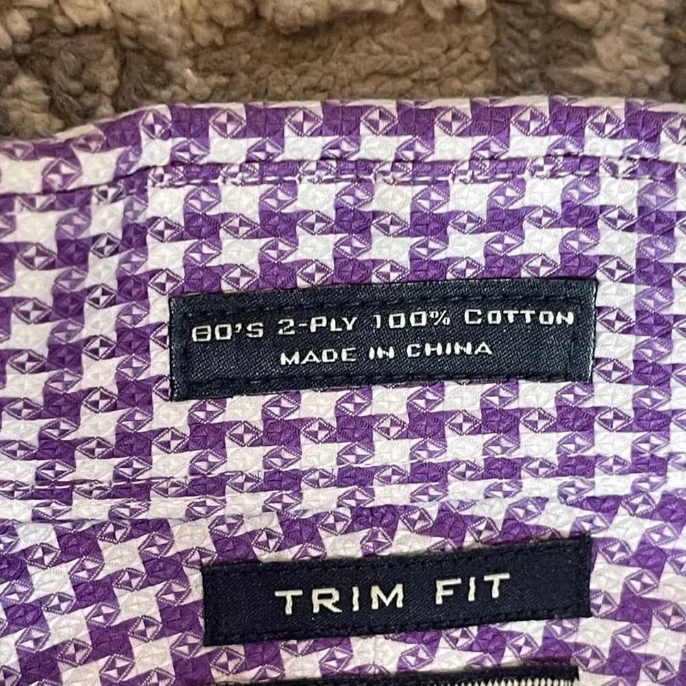Neiman Marcus Mens Purple Spread Collard Houndstooth Trim Fit‎ Shirt 15.5 34/35